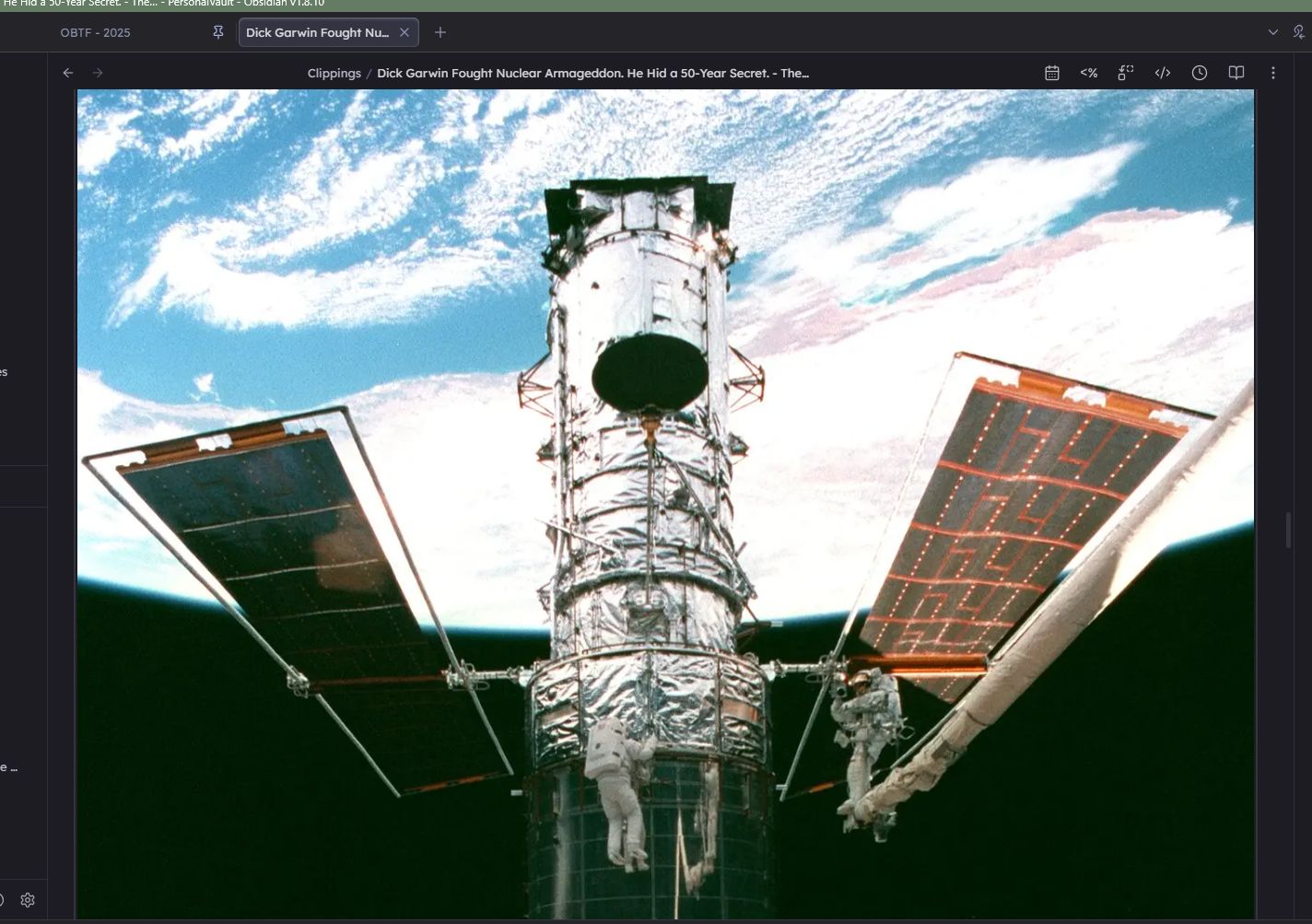 screenshot is a page in my vault with an image from the International Space Station