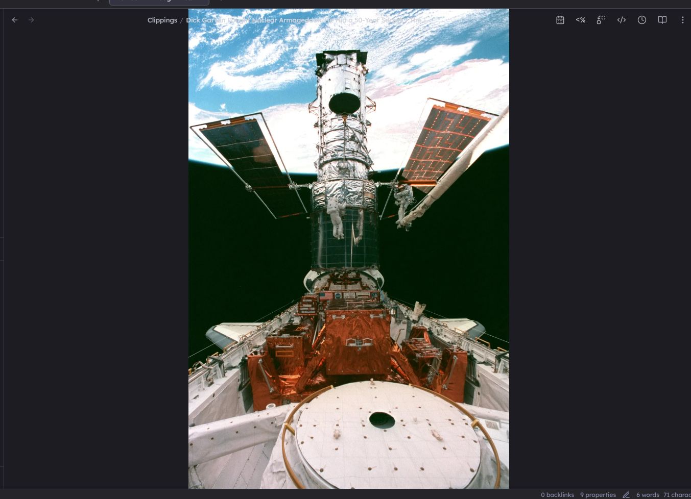 screenshot is a page in my vault with an image from the International Space Station