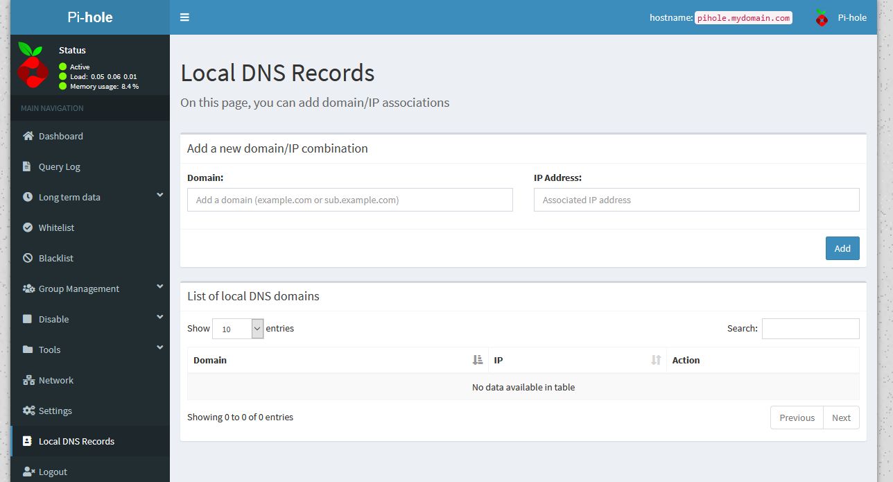 Pi-hole's 'Local DNS records' page
