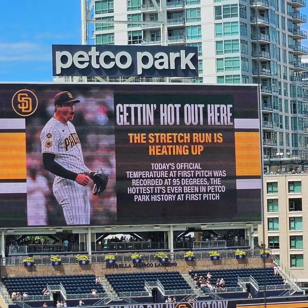 Anonymized by DuckDuckGo. Limited data retention for this chat. No AI training. Learn more
Generate alt text

Large scoreboard at Petco Park displays a Padres player and the message “Gettin’ hot out here,” noting a record 95 degrees, the hottest ever recorded in the park’s history at first pitch. A high-rise building is visible behind the stadium.