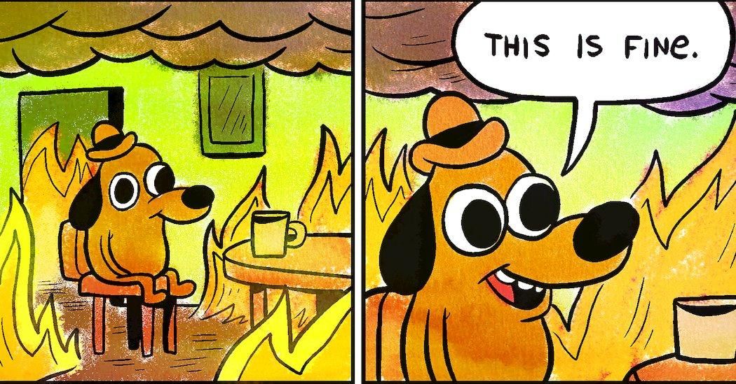 This is fine meme with a dog drinking coffee and the house is on fire.